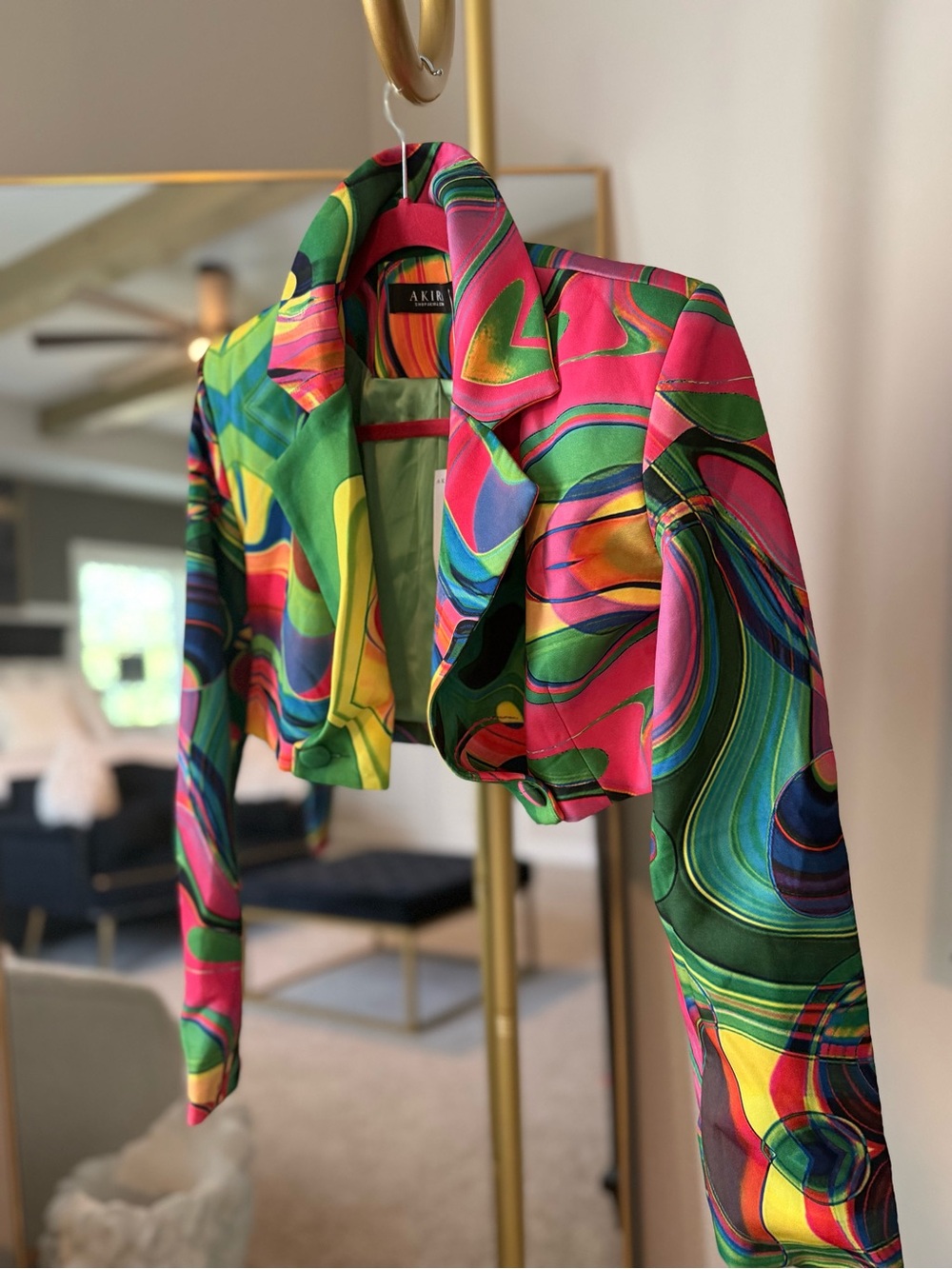 AKIRA Vibrant Swirl Cropped Jacket in Pink, Green, Yellow, Blue